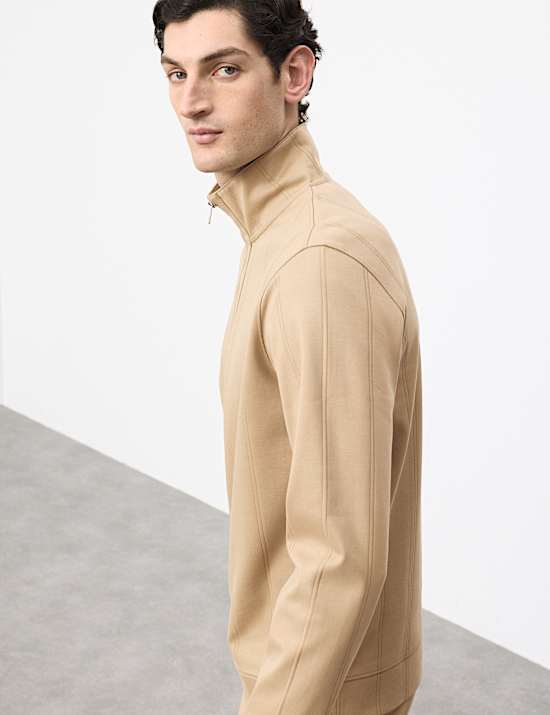 Pure Cotton Textured Striped Half Zip Jacket