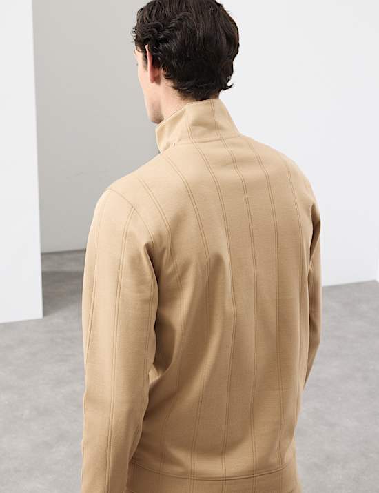 Pure Cotton Textured Striped Half Zip Jacket