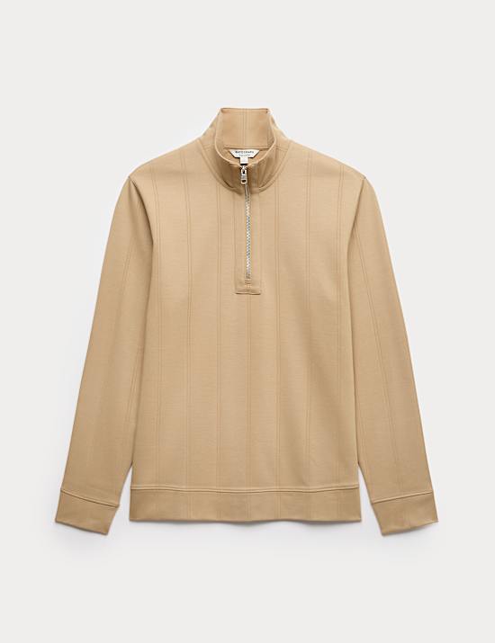 Pure Cotton Textured Striped Half Zip Jacket