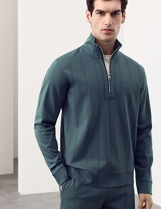 Pure Cotton Textured Striped Half Zip Jacket