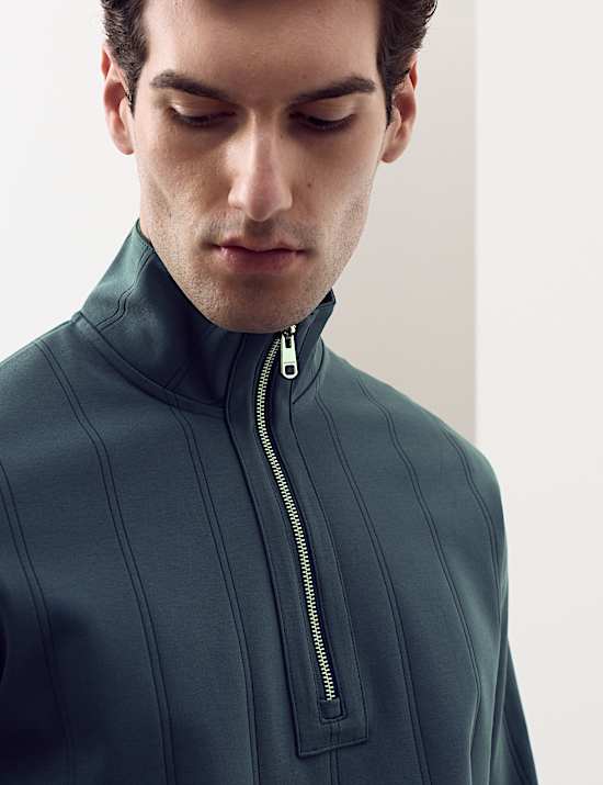 Pure Cotton Textured Striped Half Zip Jacket