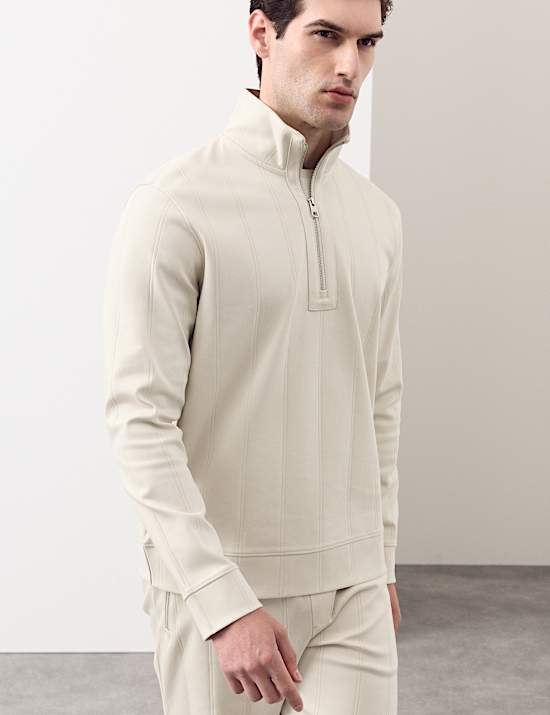 Pure Cotton Textured Striped Half Zip Jacket