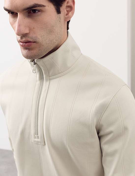 Pure Cotton Textured Striped Half Zip Jacket