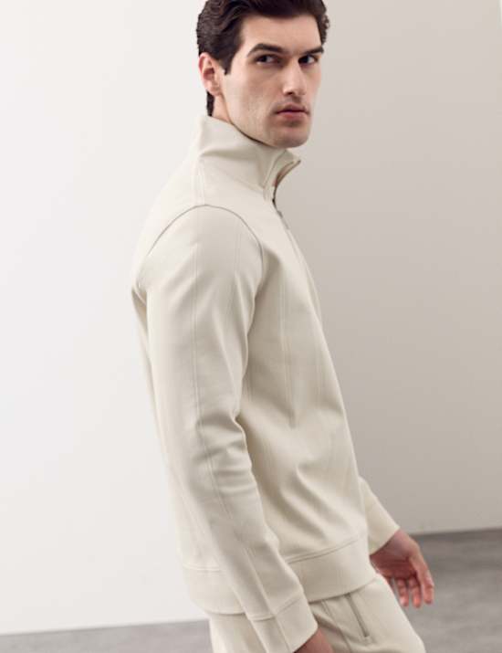 Pure Cotton Textured Striped Half Zip Jacket