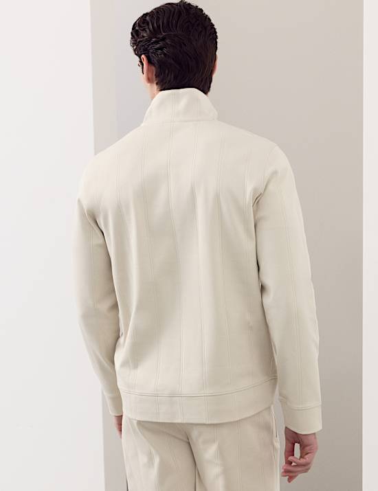 Pure Cotton Textured Striped Half Zip Jacket