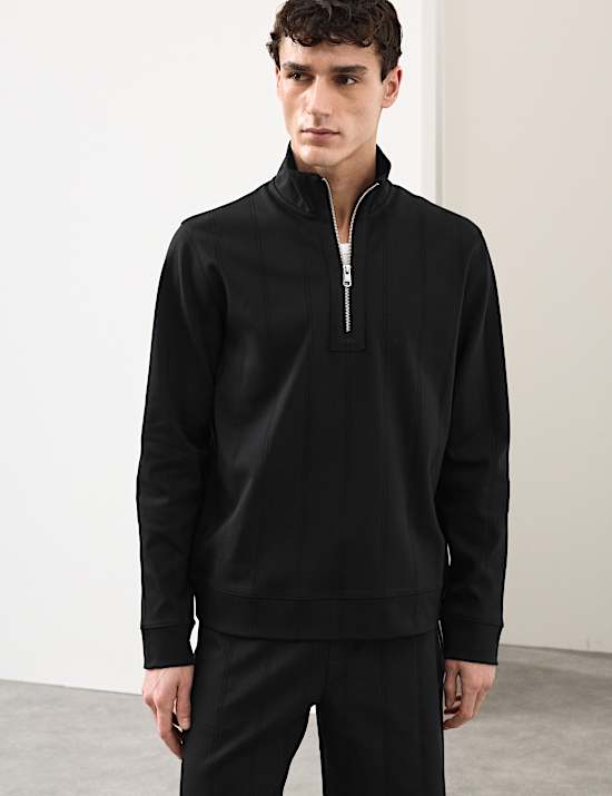 Pure Cotton Textured Striped Half Zip Jacket