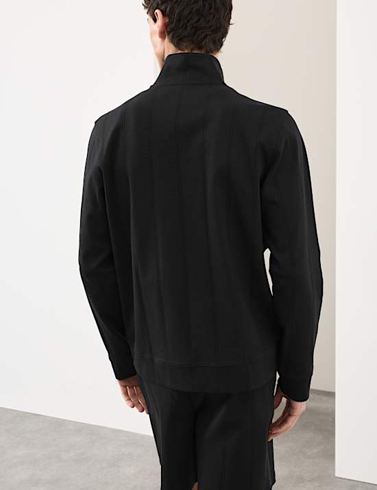 Pure Cotton Textured Striped Half Zip Jacket