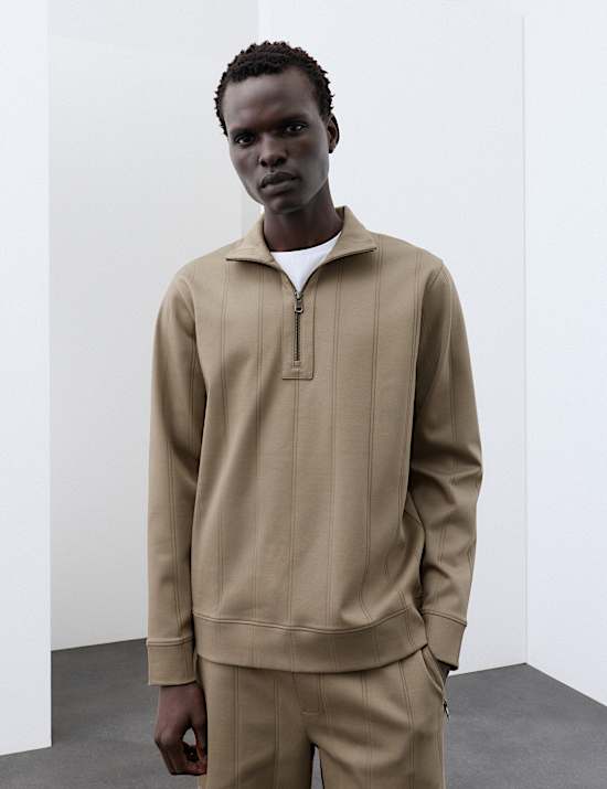 Pure Cotton Drop Needle Striped Half Zip Jacket
