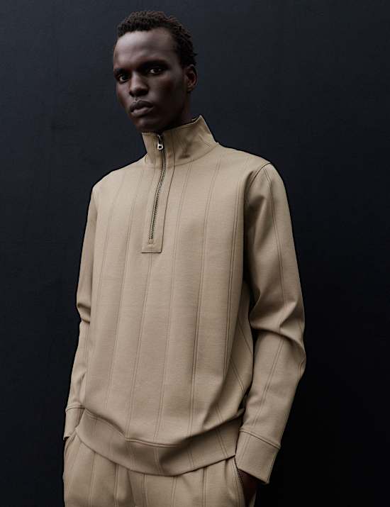 Pure Cotton Drop Needle Striped Half Zip Jacket