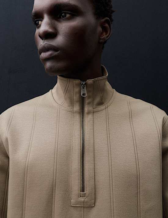 Pure Cotton Drop Needle Striped Half Zip Jacket