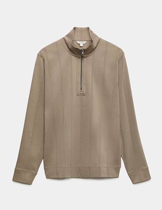 Pure Cotton Drop Needle Striped Half Zip Jacket
