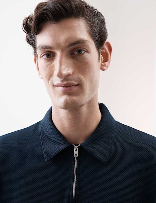 חולצת שרוול ארוך מבד וופל עשיר בכותנה עם רוכסן חלקי