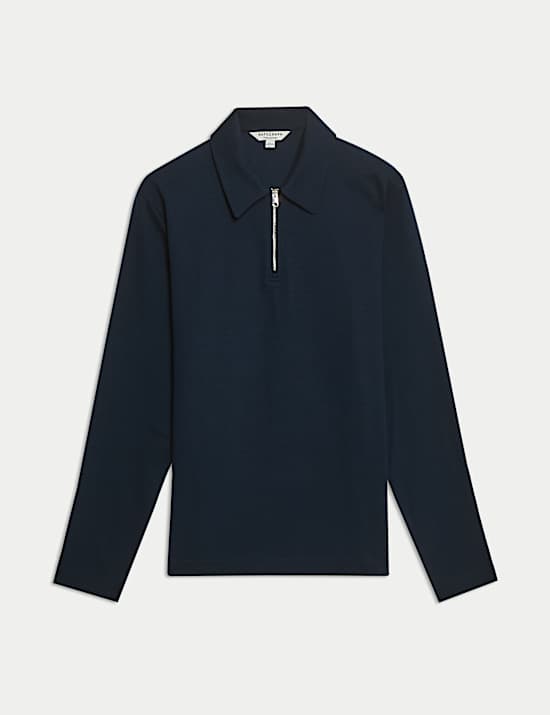 חולצת שרוול ארוך מבד וופל עשיר בכותנה עם רוכסן חלקי