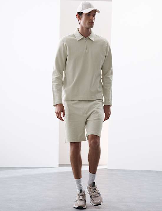 Cotton Rich Waffle Half Zip Long Sleeve Top