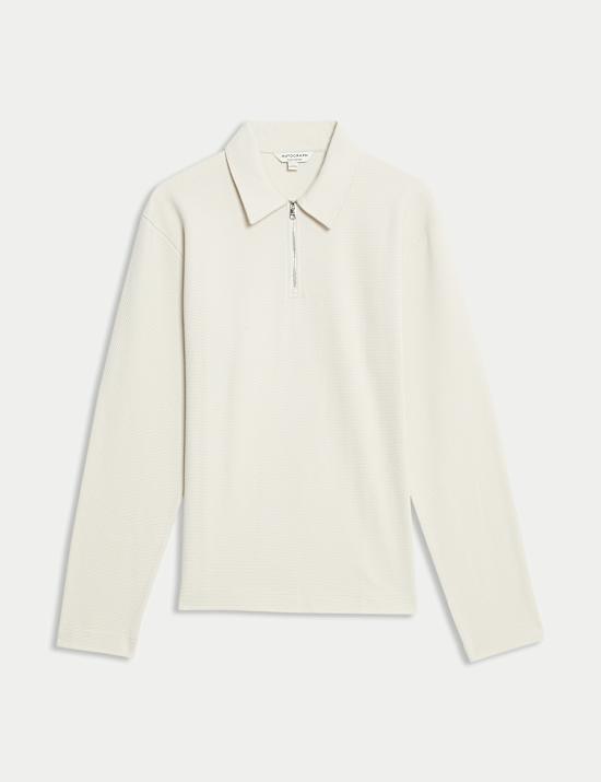 Cotton Rich Waffle Half Zip Long Sleeve Top