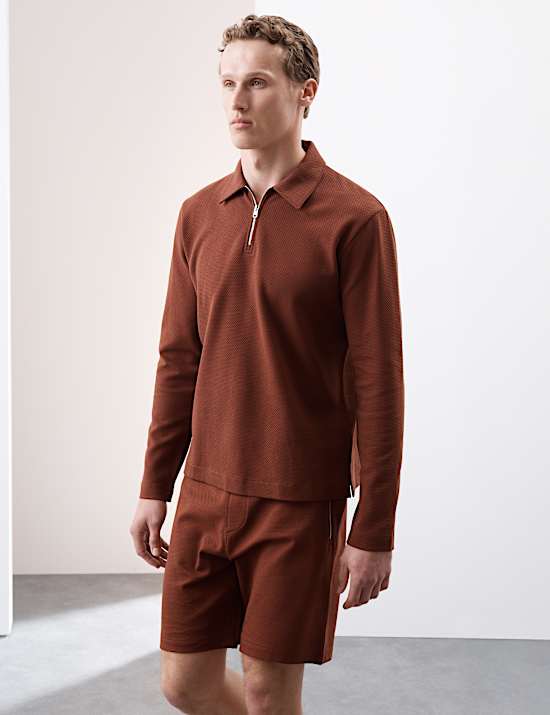 Cotton Rich Waffle Half Zip Long Sleeve Top