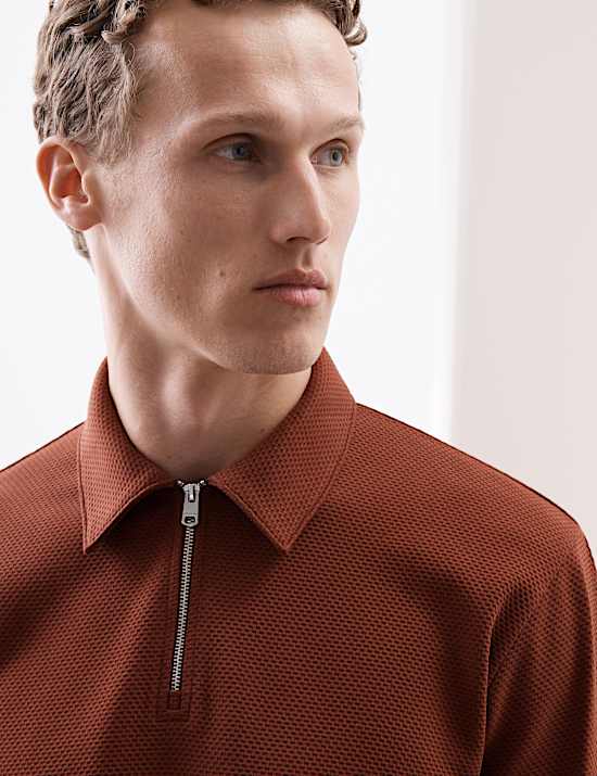 Cotton Rich Waffle Half Zip Long Sleeve Top