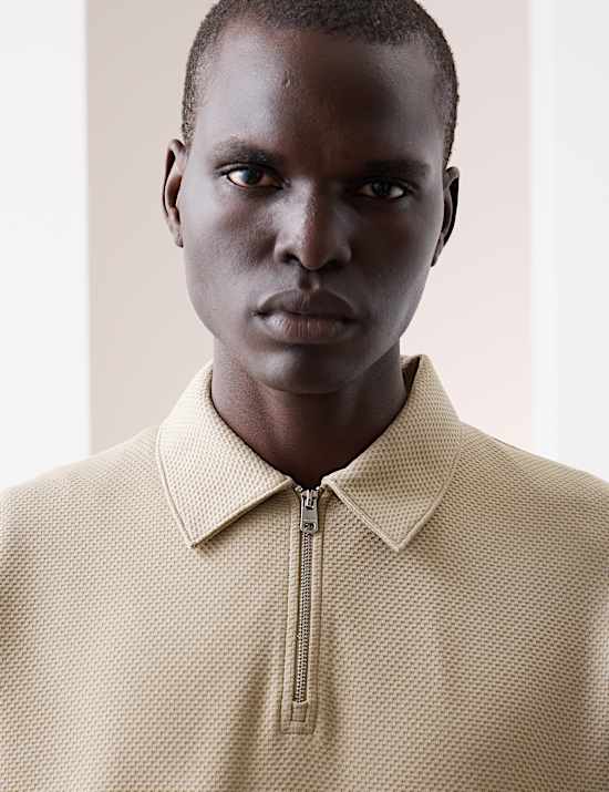 Langarm-Hoodie mit halbem Reißverschluss und hohem Baumwollanteil sowie Waffelmuster