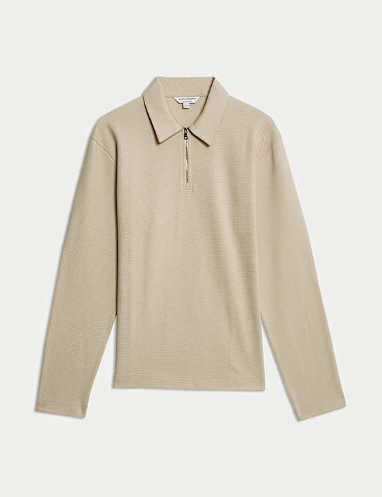 Langarm-Hoodie mit halbem Reißverschluss und hohem Baumwollanteil sowie Waffelmuster