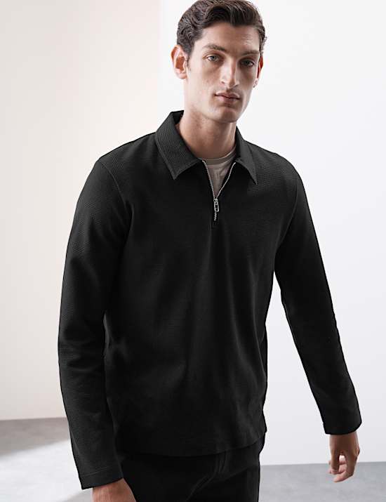 Top zippé mi-hauteur à manches longues en coton gaufré