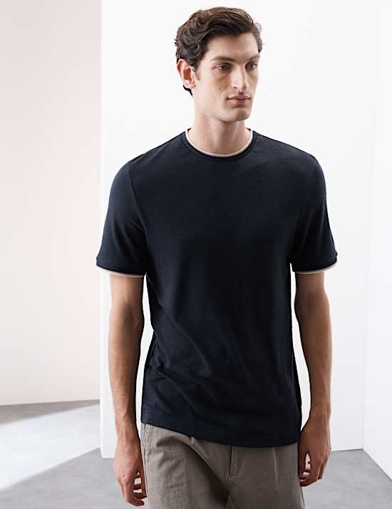 T-Shirt με κλειστή στρογγυλή λαιμόκοψη από σύμμεικτο λινό