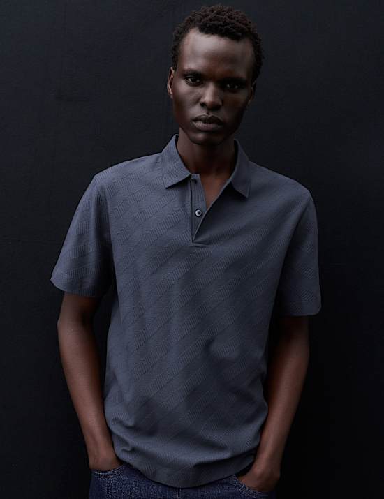 Pure Cotton Textured Jacquard Button Polo Shirt