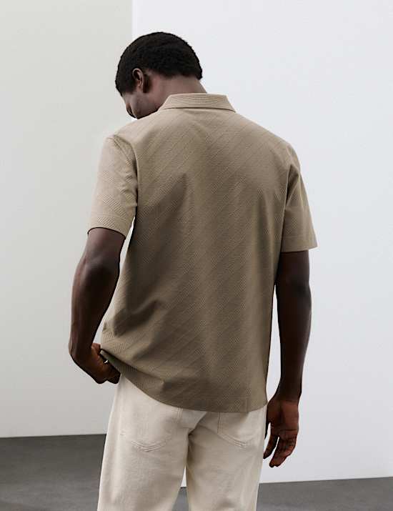 Pure Cotton Textured Jacquard Button Polo Shirt