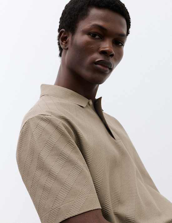 Pure Cotton Textured Jacquard Button Polo Shirt
