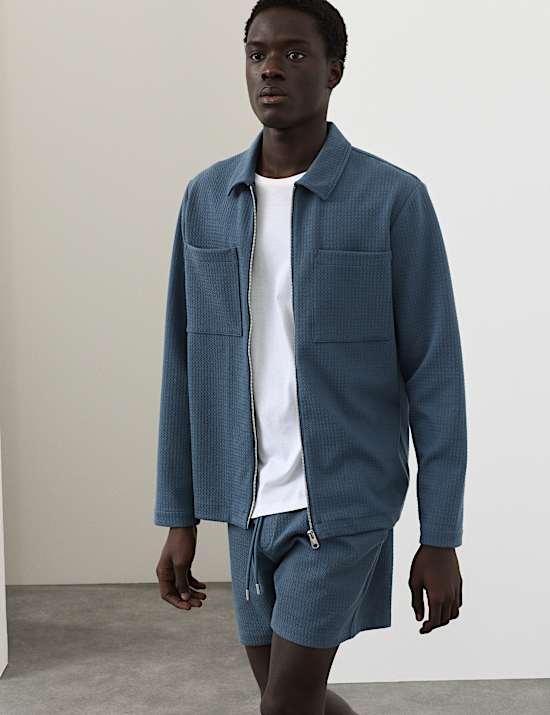 Cotton Blend Zip Up Textured Jacket