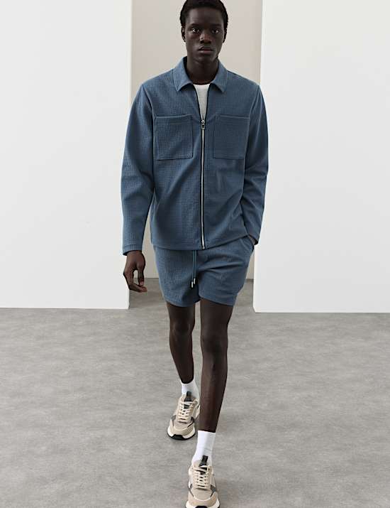 Cotton Blend Zip Up Textured Jacket