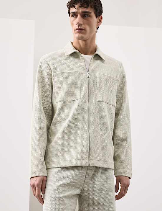 Cotton Blend Zip Up Textured Jacket