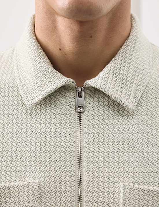 Cotton Blend Zip Up Textured Jacket