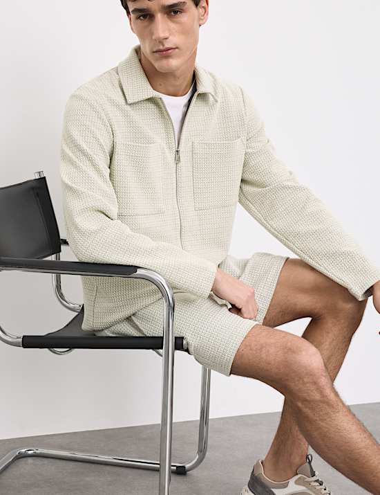 Cotton Blend Zip Up Textured Jacket