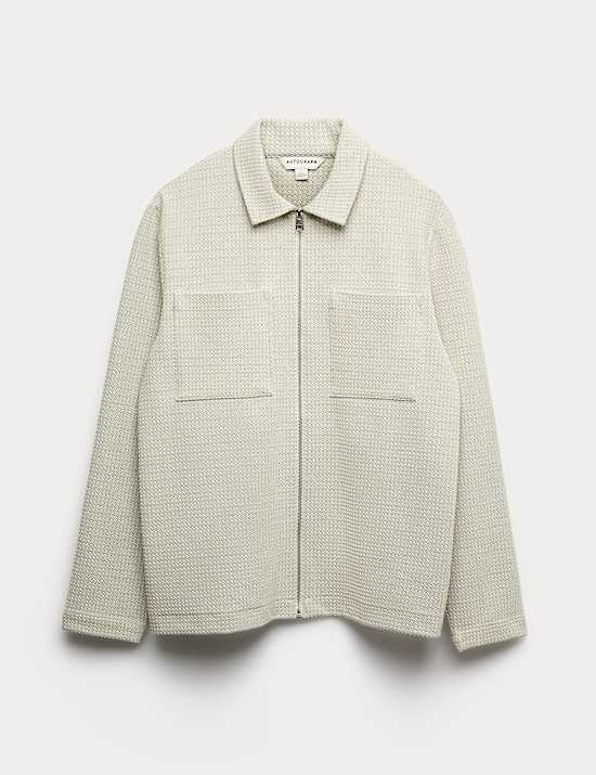 Cotton Blend Zip Up Textured Jacket