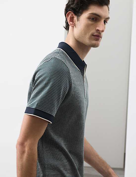 Kemeja Polo Katun Supima&reg; Murni Jacquard dengan Ritsleting