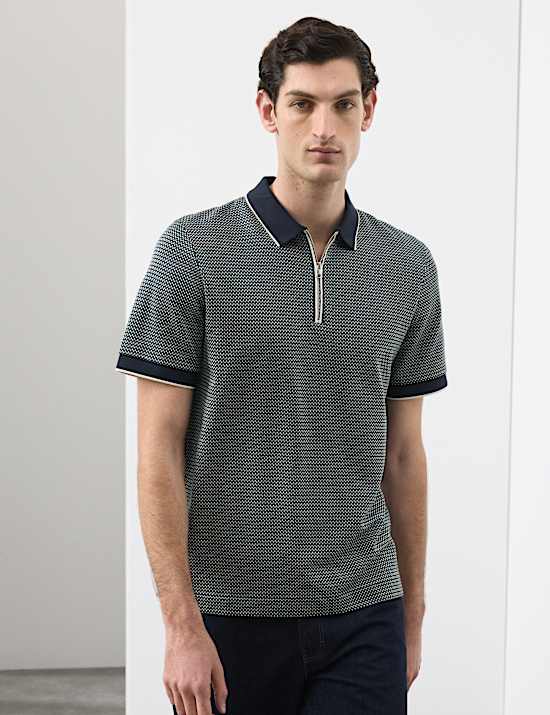 Kemeja Polo Katun Supima&reg; Murni Jacquard dengan Ritsleting