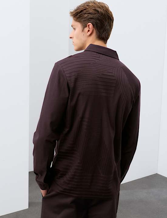 Pure Cotton Geometric Print Long Sleeve Polo Shirt