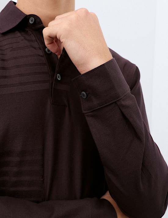 Pure Cotton Geometric Print Long Sleeve Polo Shirt