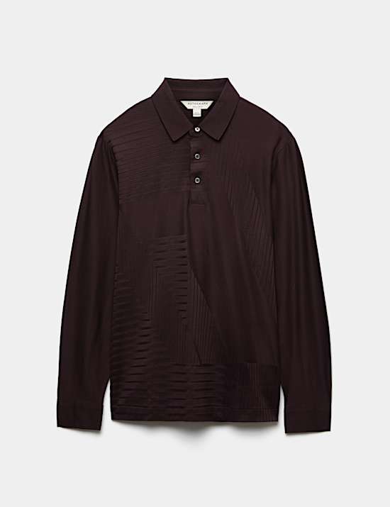 Pure Cotton Geometric Print Long Sleeve Polo Shirt