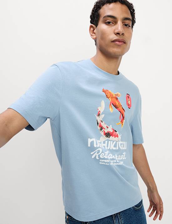 Pure Cotton Japanese Fish Graphic T-Shirt