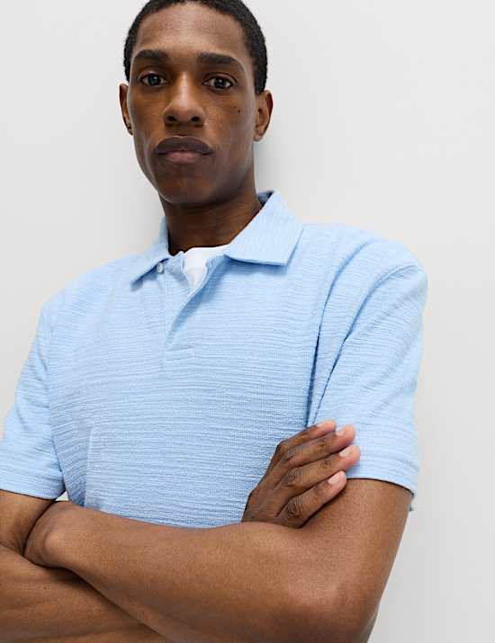 Cotton Rich Notch Neck Boucle Polo Shirt