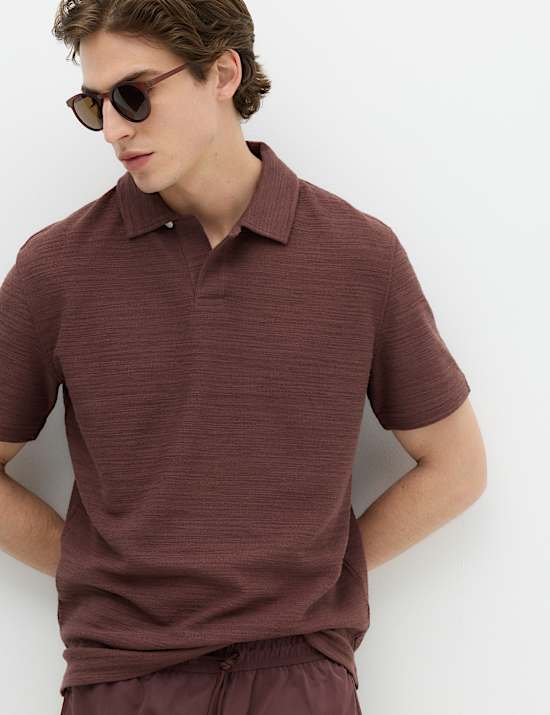Cotton Rich Notch Neck Boucle Polo Shirt