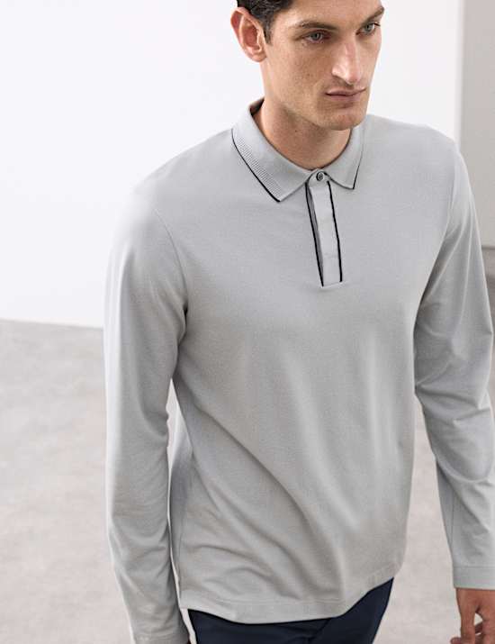 Cotton Blend Long Sleeve Polo Shirt