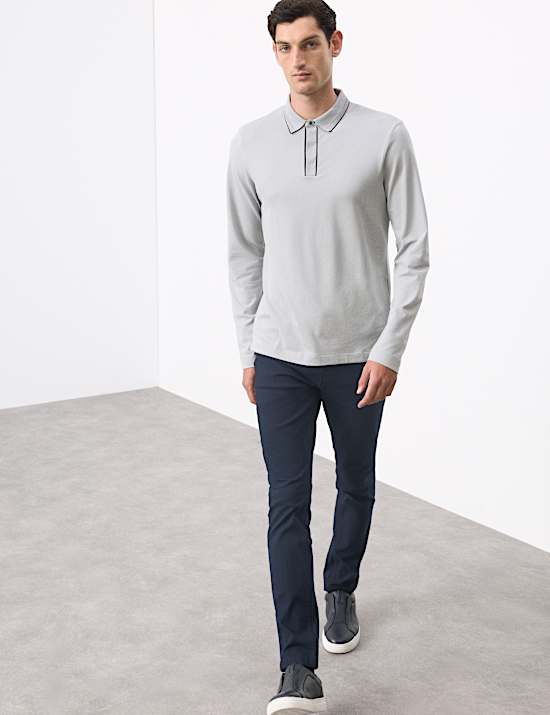 Cotton Blend Long Sleeve Polo Shirt