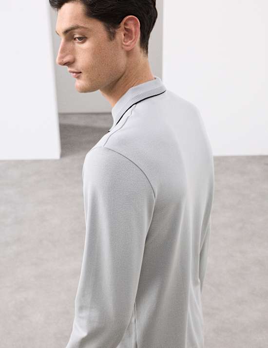 Cotton Blend Long Sleeve Polo Shirt