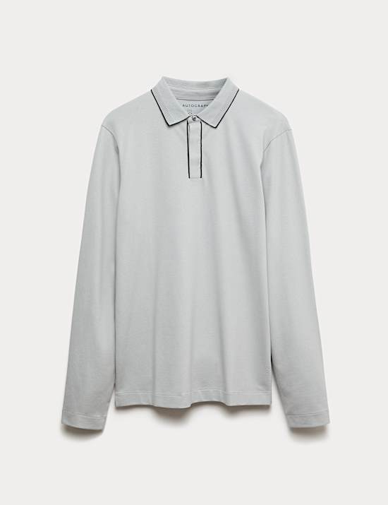 Cotton Blend Long Sleeve Polo Shirt