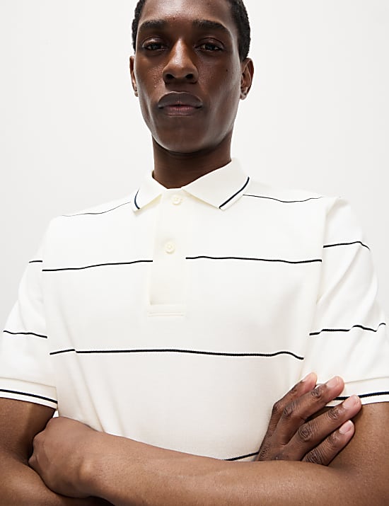 Pure Cotton Pique Striped Polo Shirt
