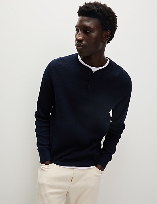 Pure Cotton Henley Waffle Long Sleeve Top