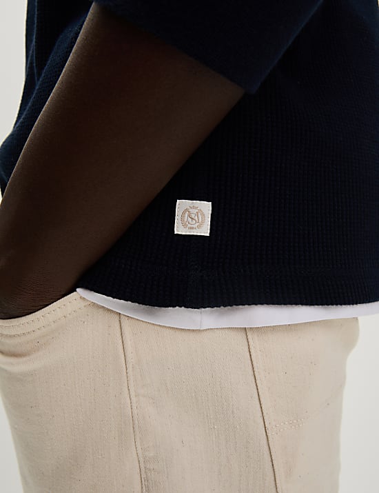 Pure Cotton Henley Waffle Long Sleeve Top