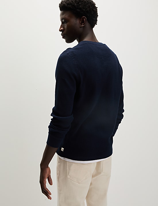 Pure Cotton Henley Waffle Long Sleeve Top